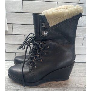 Sorel NL2966 Black Leather Joan of Arctic Wedge Boots Fleece Collar Womens 9.5
